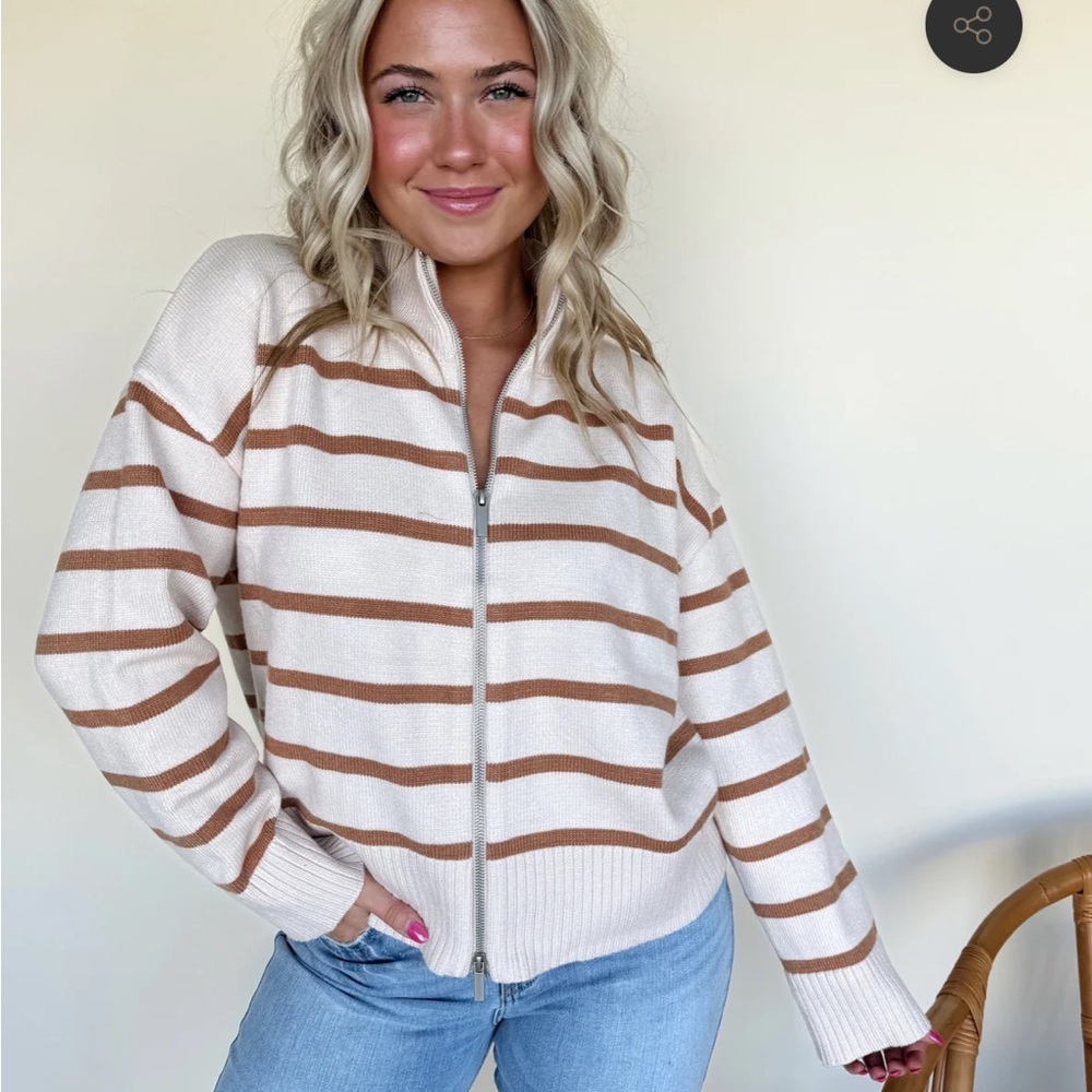 Striped Zip-Up Sweater - Cream and Brown